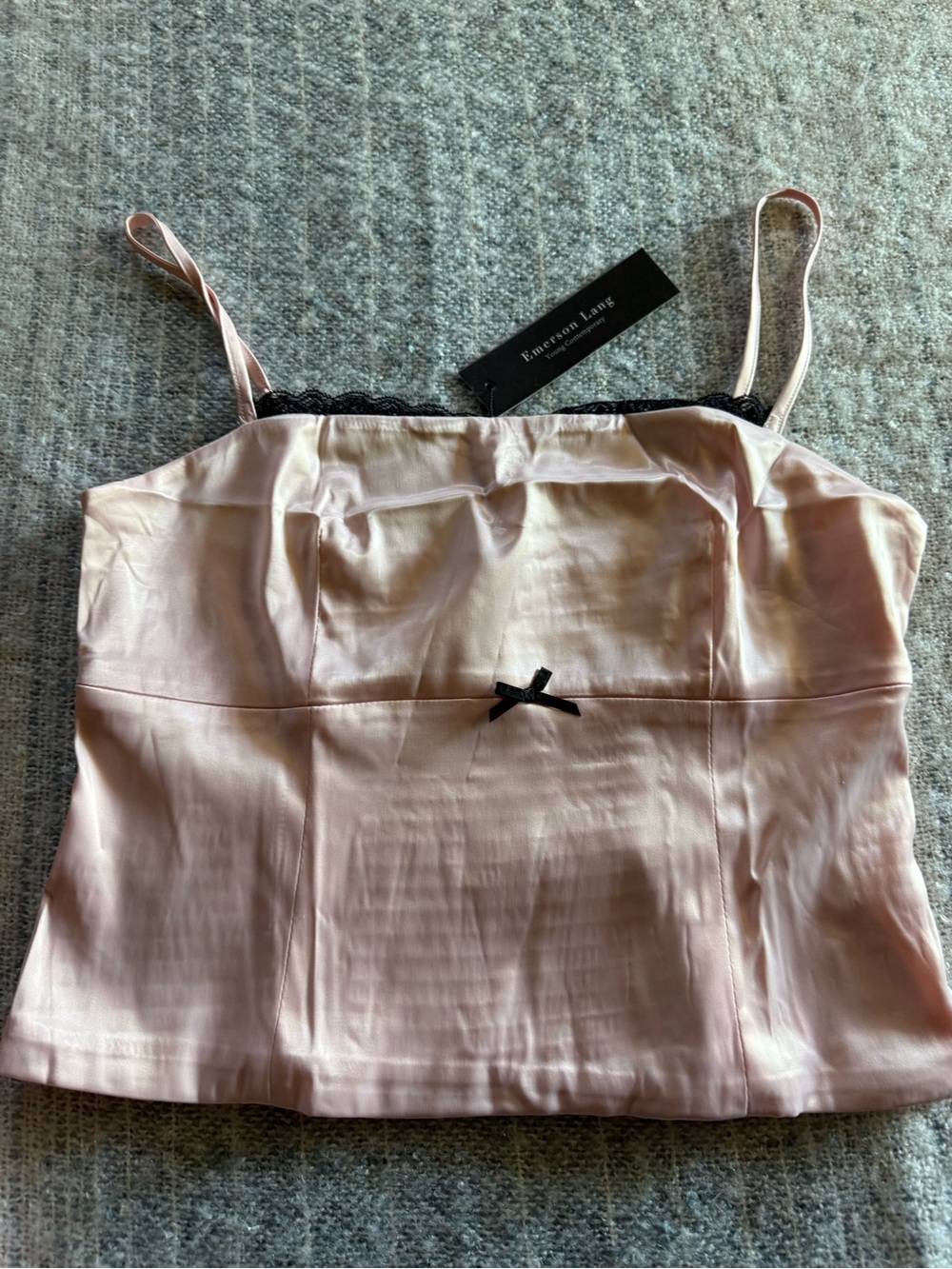 Beautiful Light Pink Emerson Lang Satin Cropped Top Black Lace M
